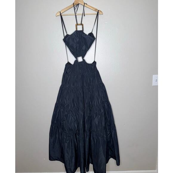 Staud Dome Halter Neck Cut Out Maxi Dress Tiered Skirt Black Size Medium - Picture 3 of 10